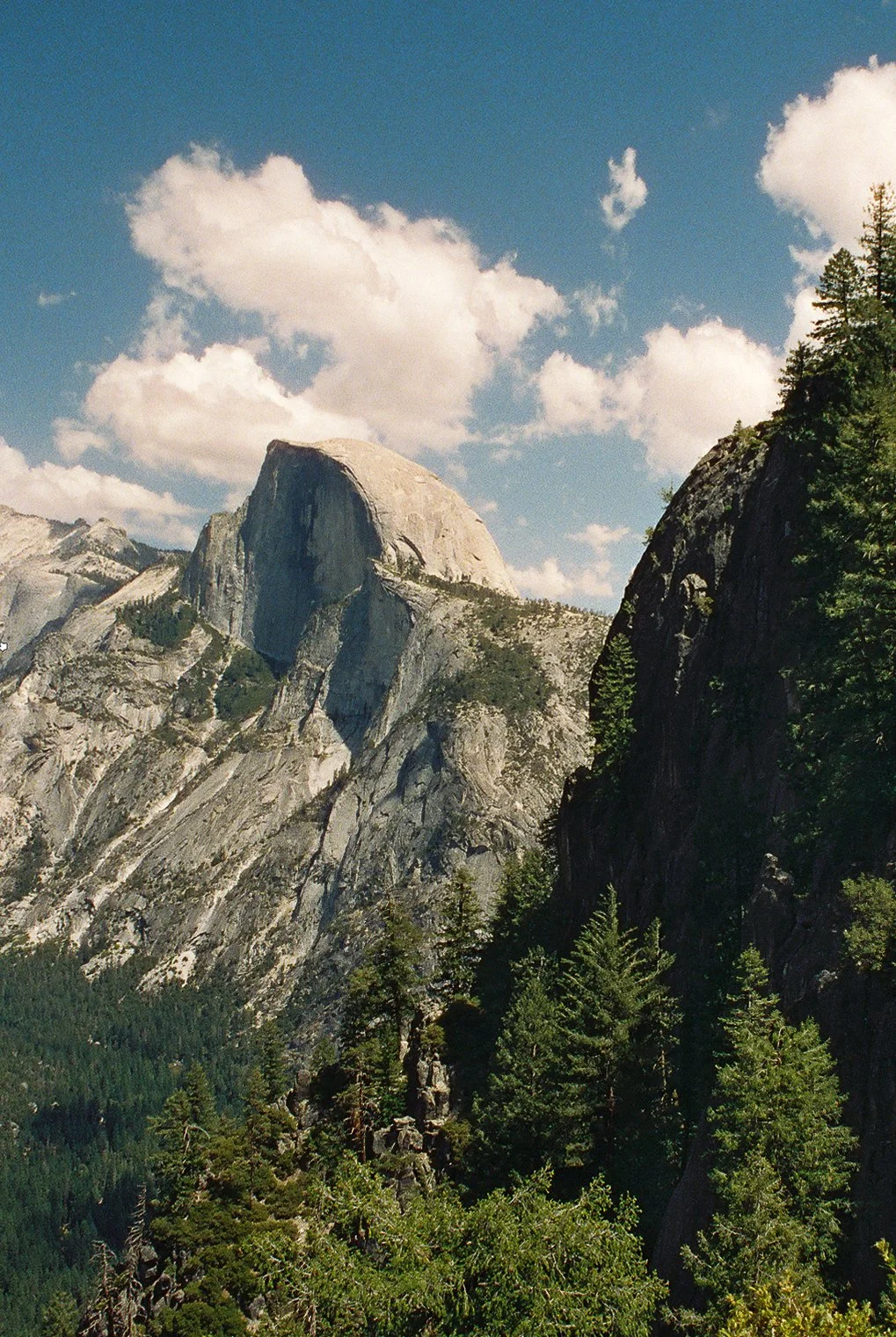 A mountain landscape with large rocky peaks, coniferous trees, blue sky, and scattered clouds.