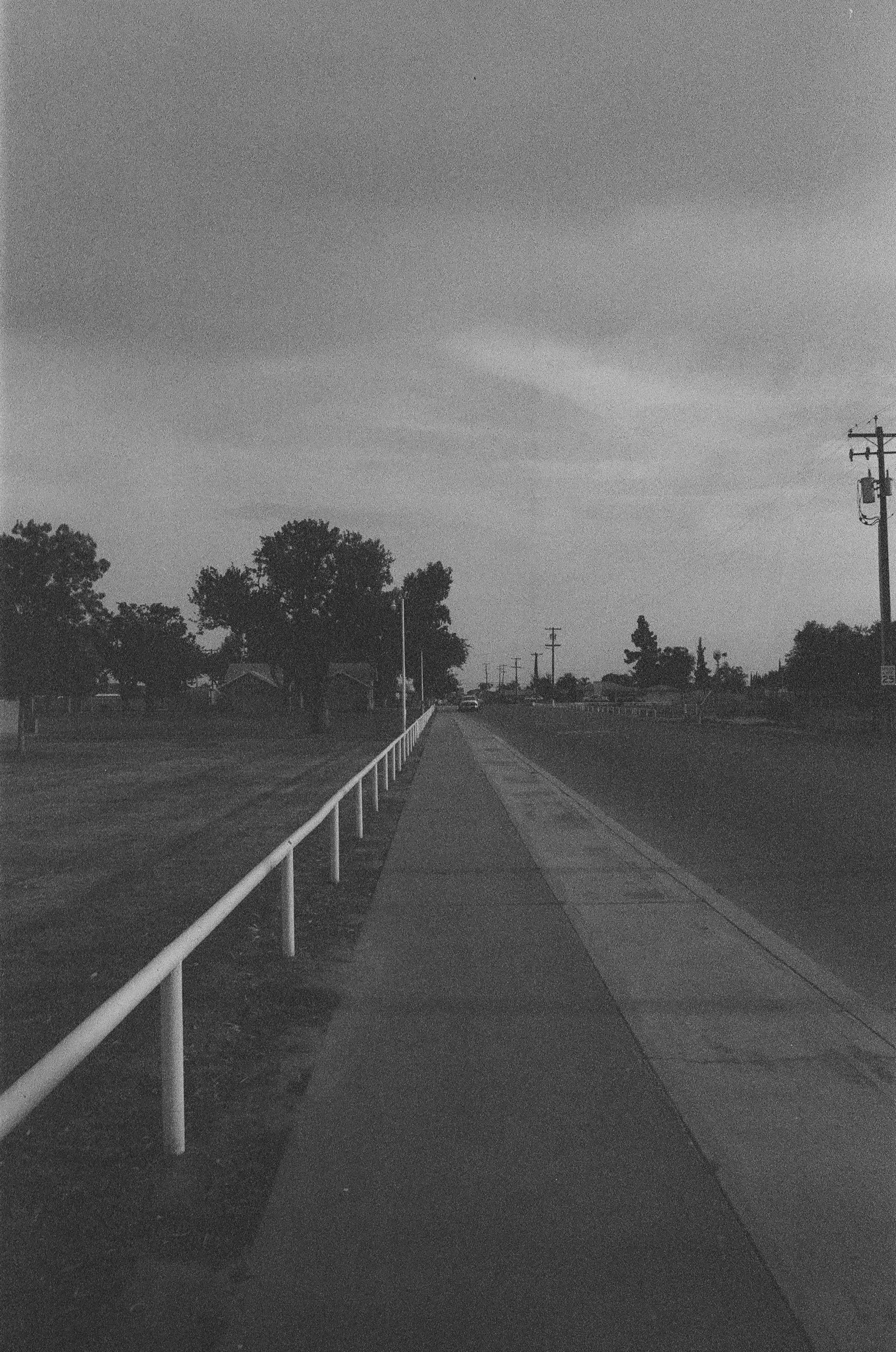 A black and white photo of a suburban street with trees, houses, utility poles, and a sidewalk with a white railing, under an overcast sky.