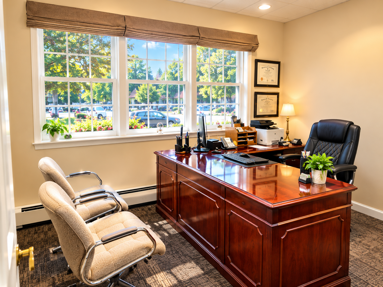 A well-lit office with a large wooden desk, three beige chairs, a black leather executive chair, and framed certificates on the wall. Spacious windows reveal a parking lot and trees outside.