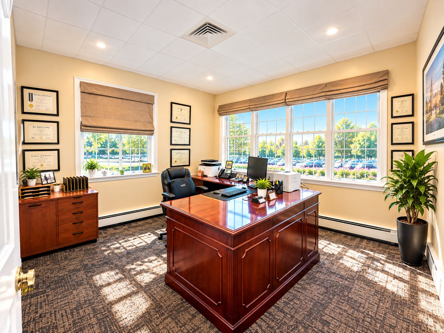 An office with a large wooden desk, a black office chair, computer, desk phone, and office supplies. Windows showing a parking lot and green trees, framed certificates on the walls, and potted plants.