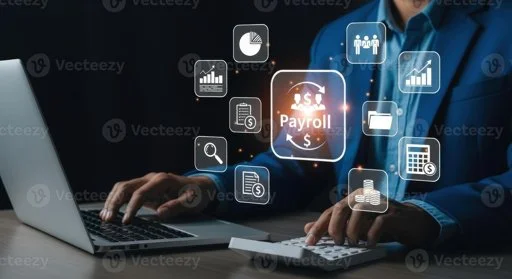 Person using a laptop with digital icons of payroll, charts, search, documents, calculator, and money floating above, representing financial or payroll management.