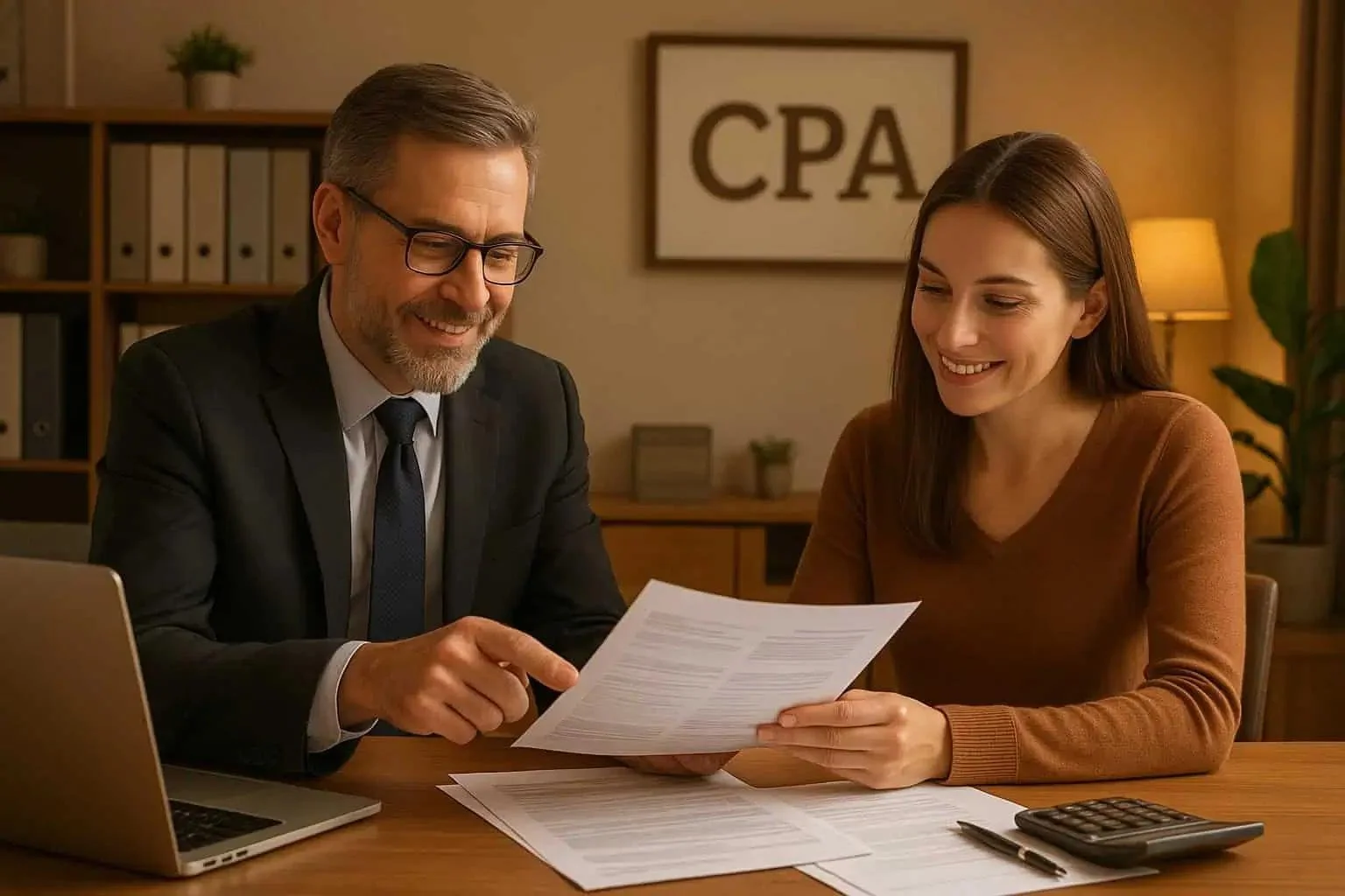 A man in a suit and a woman in a brown sweater sitting at a desk reviewing documents together, smiling, with a CPA sign in the background.