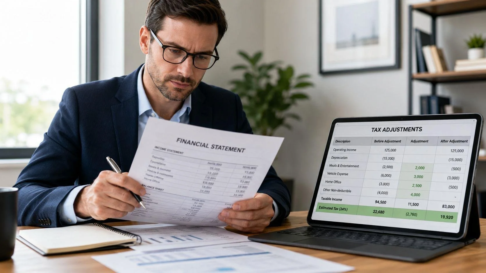 Man reviewing financial documents at a desk with a laptop displaying tax adjustment details.