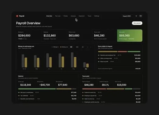 Dashboard displaying payroll overview data with financial figures, graphs, and statistics