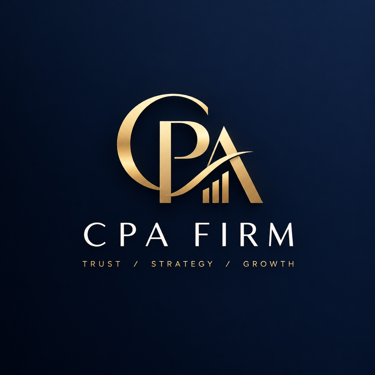 Gold and white logo with the initials 'CPA' and a growth chart, accompanied by the words 'CPA Firm' and the tagline 'Trust / Strategy / Growth' on a dark blue background.