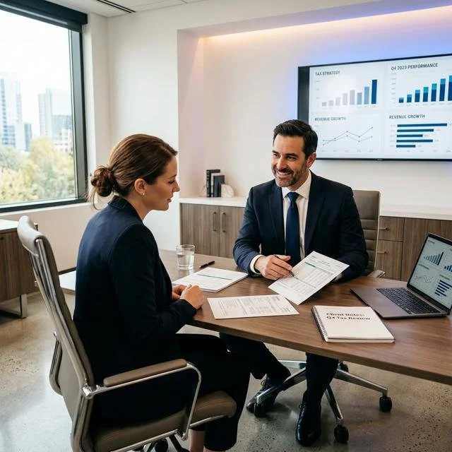 Two business professionals, a woman and a man, sitting across from each other at a conference table in a modern office with large windows and city view. They are discussing documents, with a glass of water and a laptop on the table. A large screen behind them displays charts and graphs.
