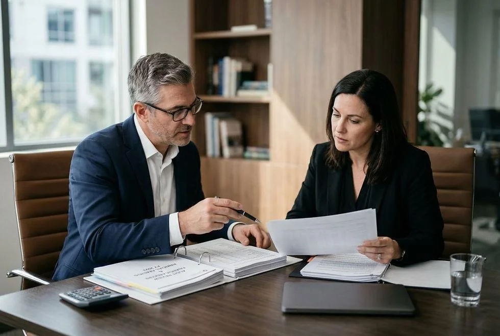Two professionals, a man and a woman, reviewing documents at a conference table in an office.