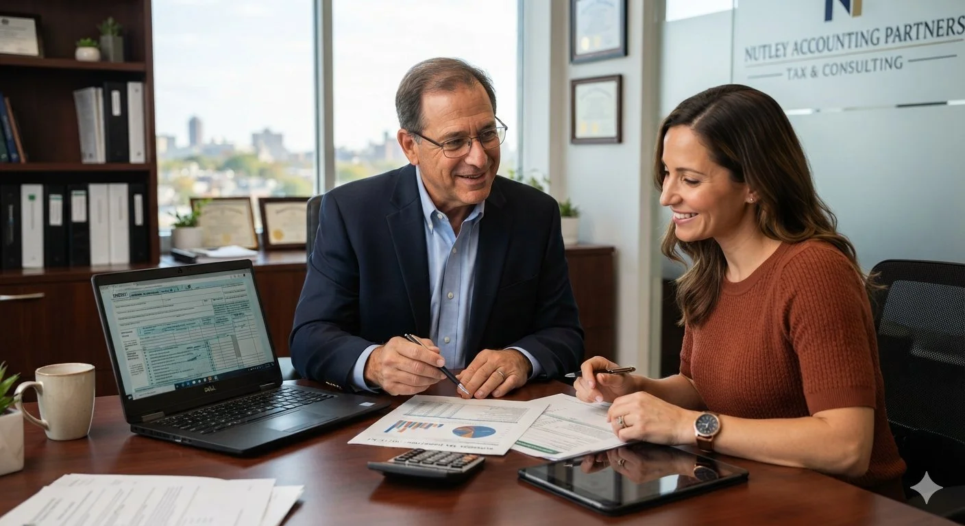 A man and woman sitting at a desk in a modern office, discussing financial documents with a laptop, charts, and a tablet on the table.