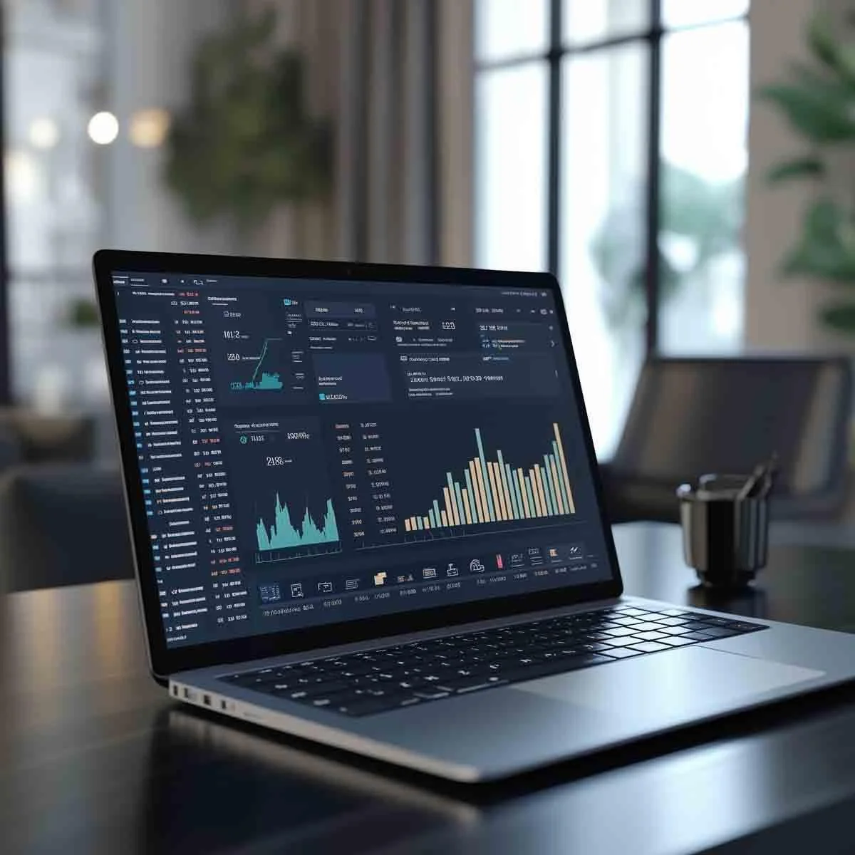 A laptop on a desk displaying financial data and stock market charts in an office setting.