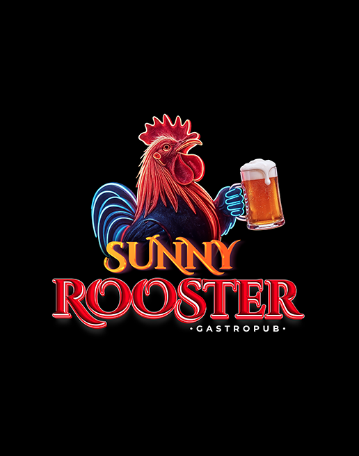 Bright neon sign of a rooster holding a beer mug, with the text 'Sunny Rooster Gastropub' below.