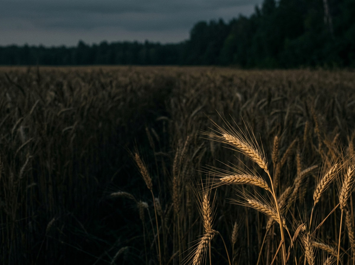 Wheat stalks in a dark field with trees on the horizon.