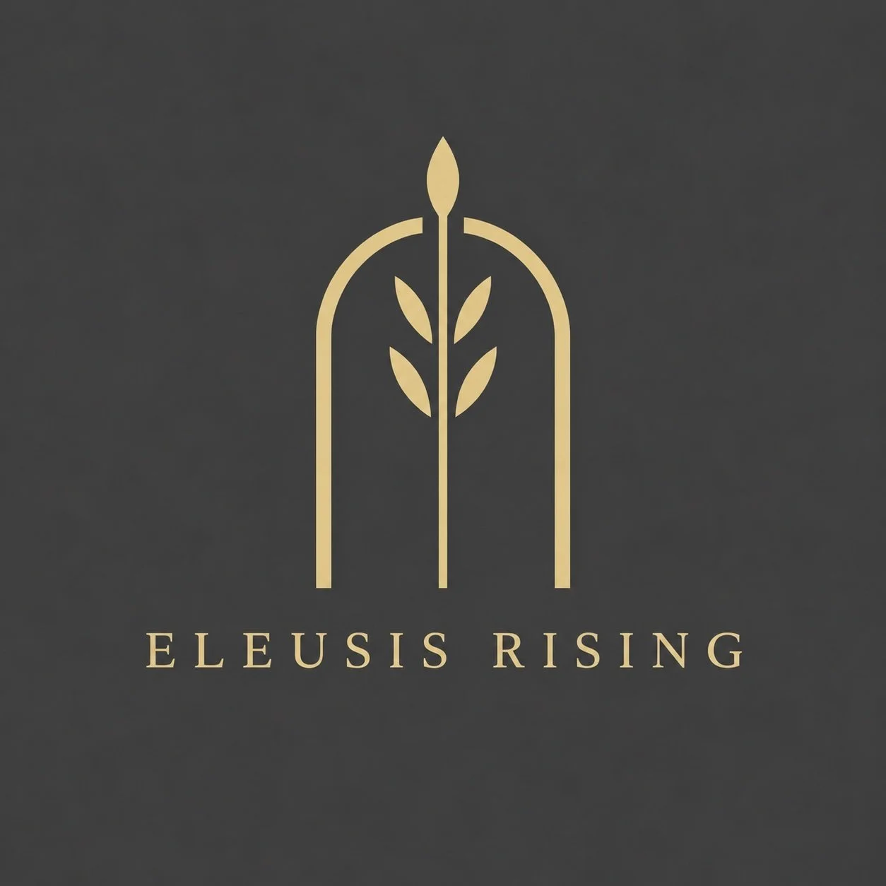 Eleusis Rising logo featuring a gold grain stalk inside an arch