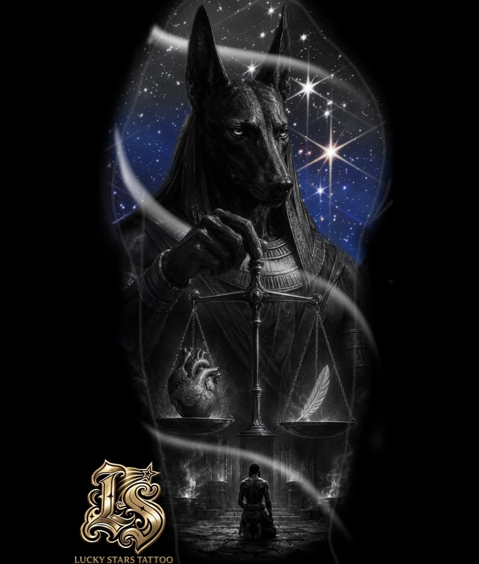 JUDGEMENT OF ANUBIS ⚖️✨

An Egyptian-inspired dark realism concept featuring Anubis, the scales of judgement, and a celestial night sky.

Black and grey through the main figure with restrained cosmic colour to create depth without overpowering the pi