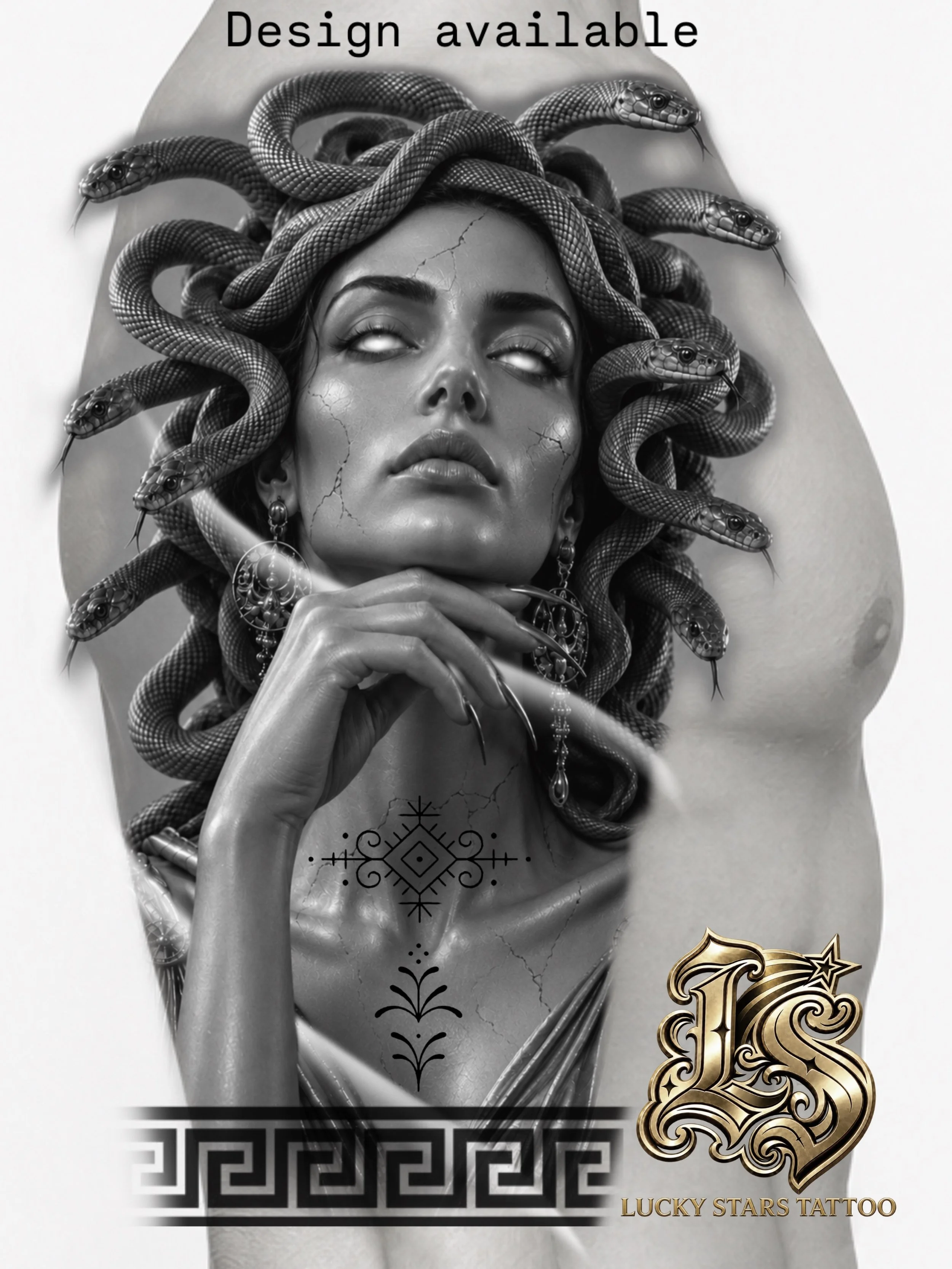 MEDUSA &mdash; STONE GAZE 🐍

A modern black and grey Medusa concept designed specifically around the natural shape of the body &mdash; strong portraiture, flowing snakes, and clean ornamental elements.

Ideal for a larger upper-arm or leg placement,