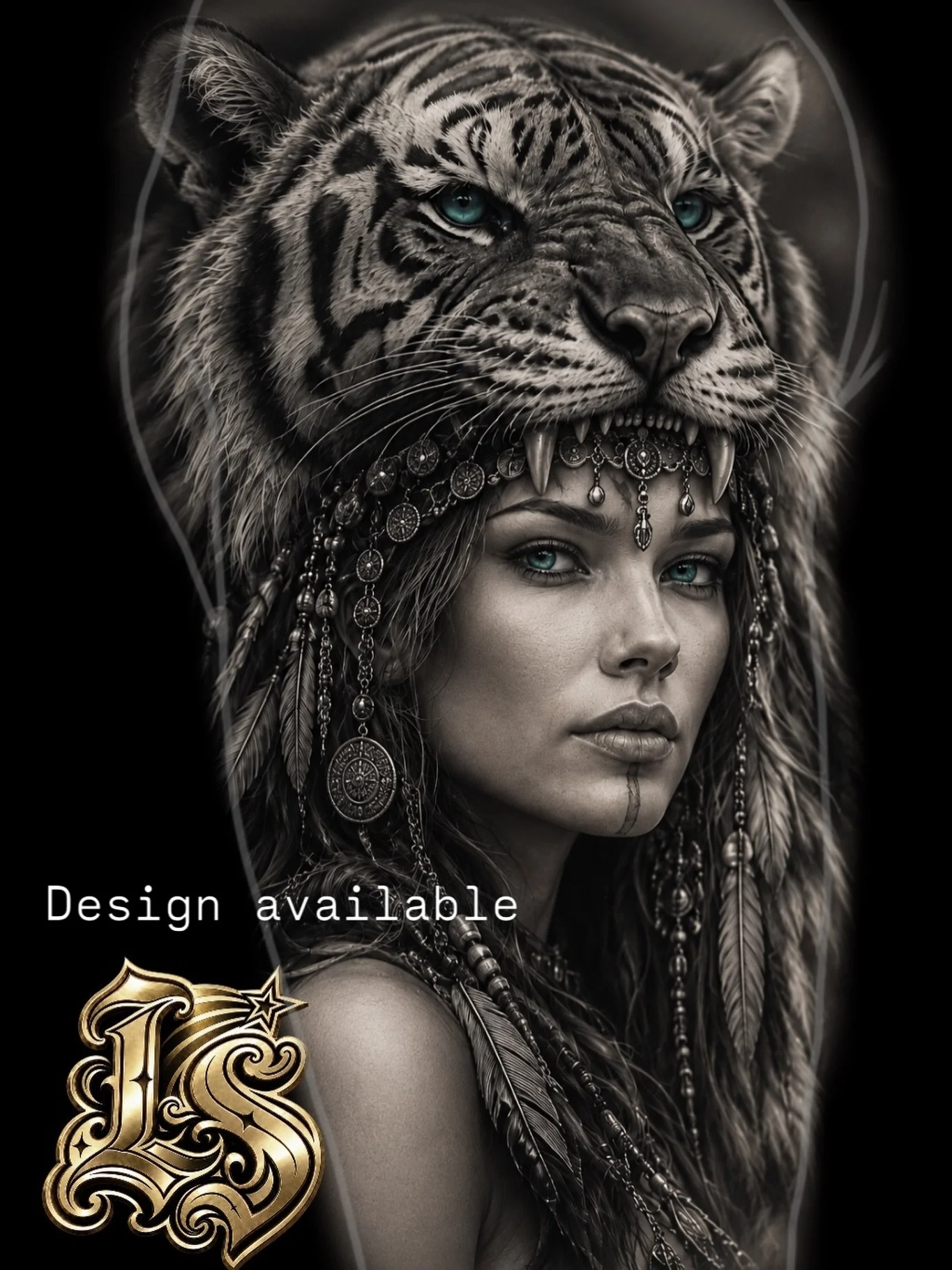WILD SPIRIT 🐅

A black and grey female portrait merging with the strength and presence of the tiger &mdash; detailed jewellery, texture and piercing eyes creating the focal points.

Designed as a flowing realism piece for the outer upper arm or leg,