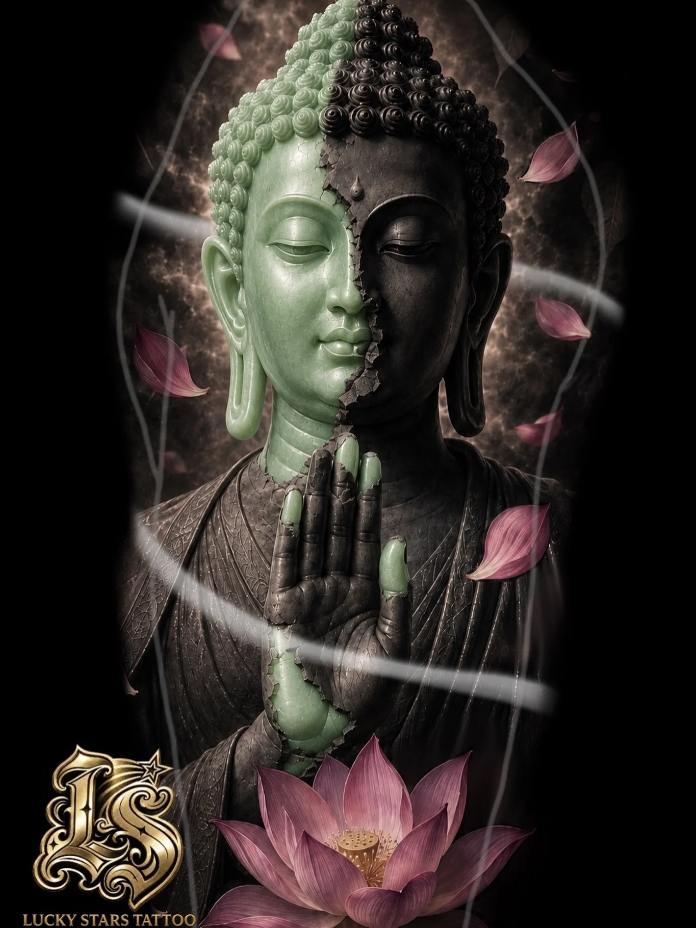 JADE WITHIN 🪷

Beneath the weathered outer shell, something precious remains.

A Buddha concept revealing beautiful pale jade beneath cracked stone, surrounded by lotus petals &mdash; designed around contrast, impermanence, and what lies underneath.