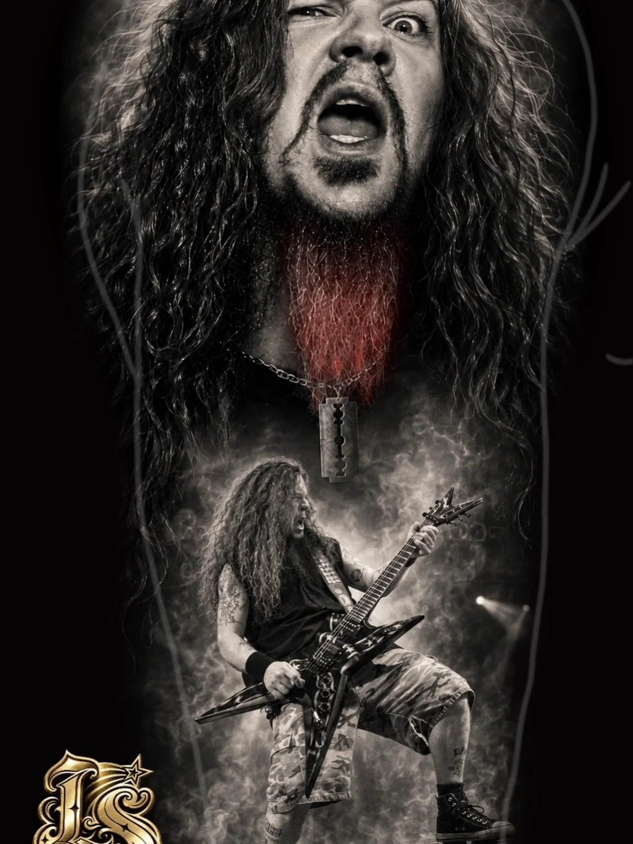 METAL IMMORTAL 🤘⚡DIMEBAG

A heavy-metal portrait concept designed around raw performance energy &mdash; portrait above, musician in action below, smoke and atmosphere tying the composition together.

Perfect for a larger upper-arm, outer-arm or leg 