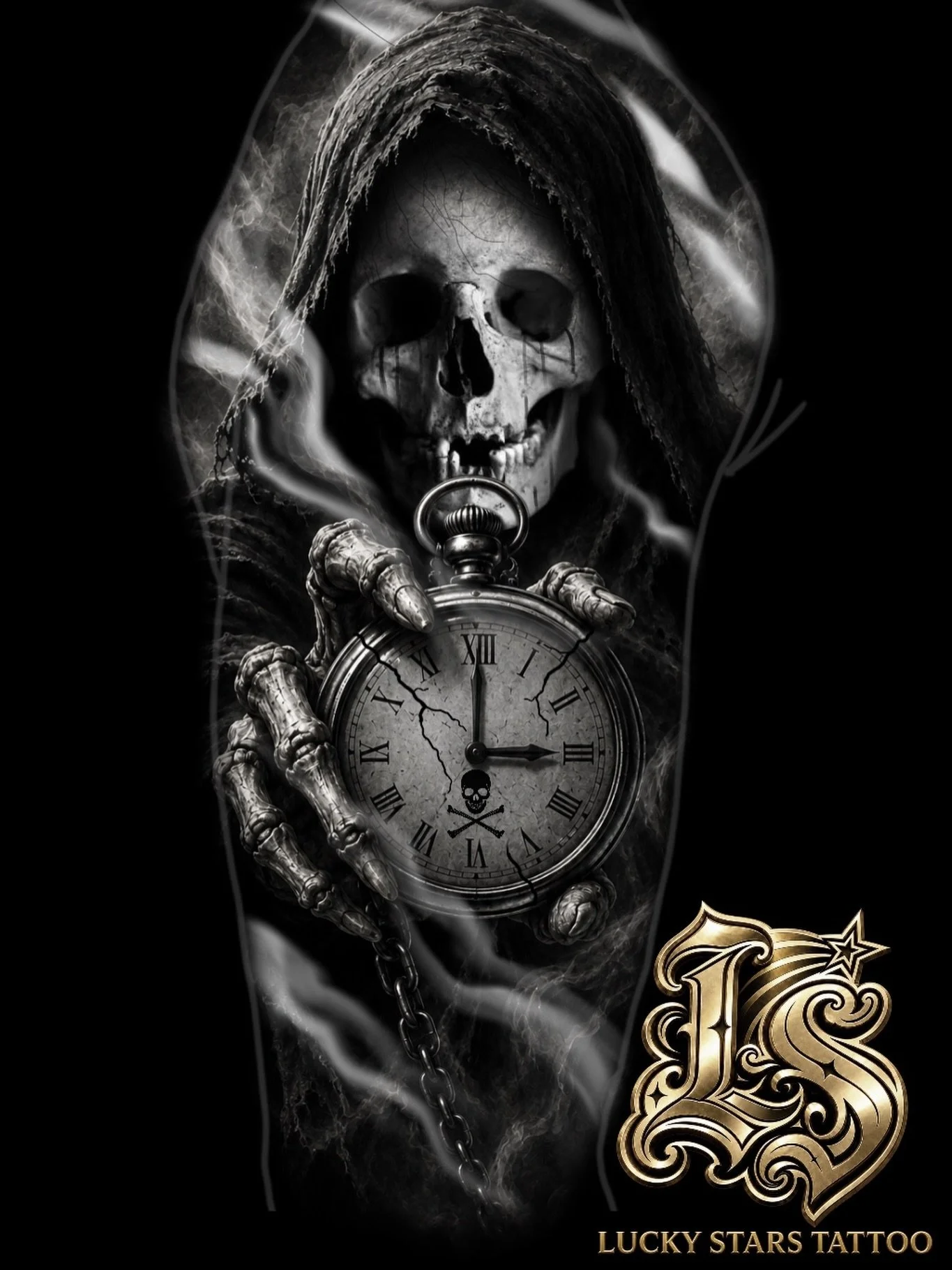 THE THIRTEENTH HOUR 💀⏳

Death holds the clock.

A dark black-and-grey concept built around mortality, time, and the inevitability of the final hour.

Designed for an elongated placement such as the outer upper arm, forearm, thigh or calf.

Available