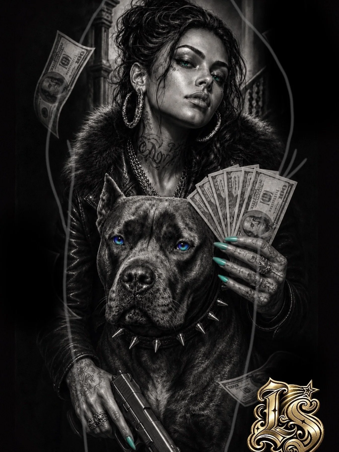 MONEY, POWER &amp; LOYALTY 💵🐕

Black and grey street-realism concept featuring portraiture, cash, weaponry and a powerful guard dog, with subtle colour accents through the eyes and nails.

A strong option for an outer upper arm or thigh piece, with