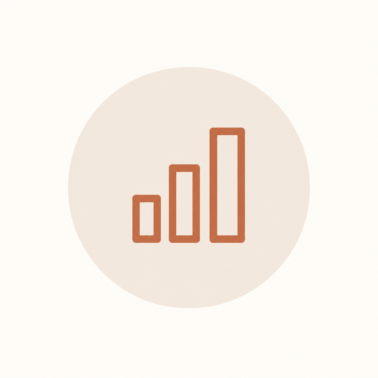 A simple icon of a rising bar graph with three bars increasing in height from left to right, outlined in brown on a light beige circular background.