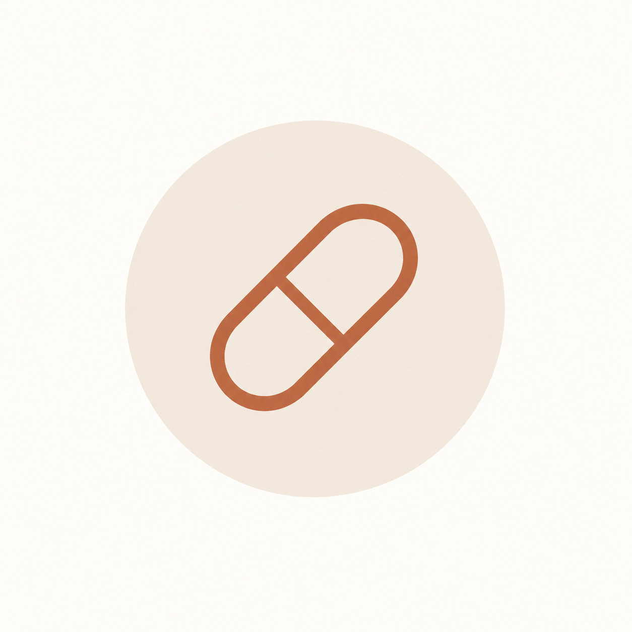 A digital icon of a beige circle with a brown capsule-shaped pill symbol in the center.