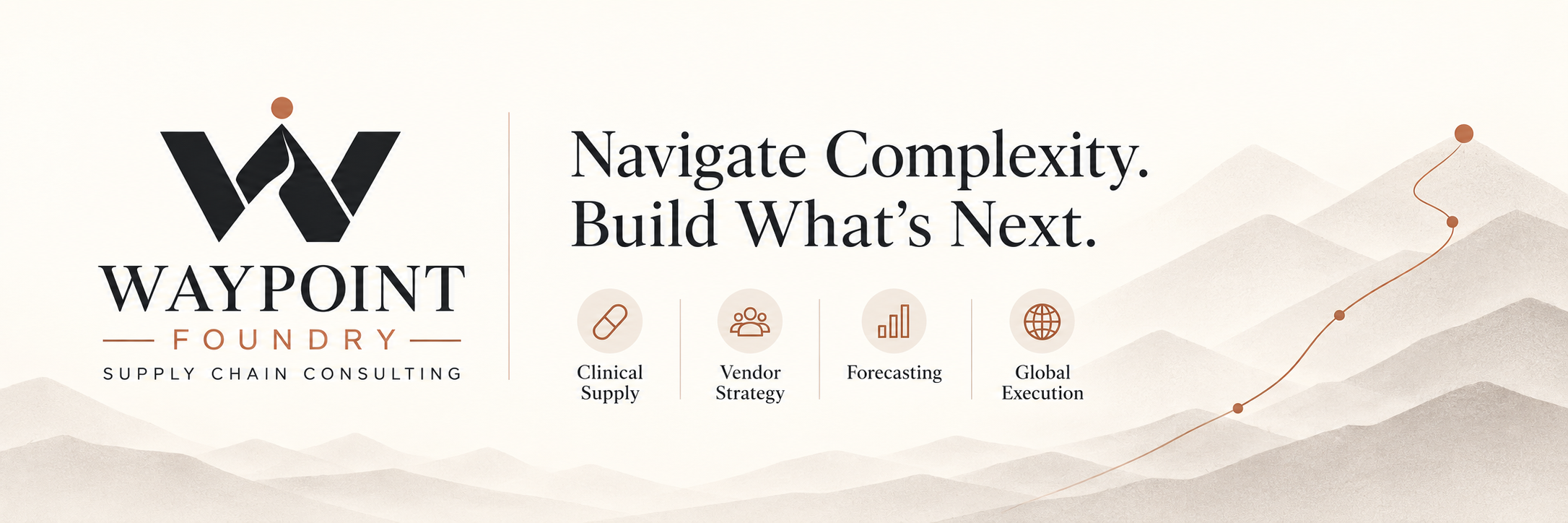 Waypoint Foundry Supply Chain Consulting branding and tagline 'Navigate Complexity. Build What's Next.' with icons for Clinical Supply, Vendor Strategy, Forecasting, and Global Execution, over a mountain landscape background.