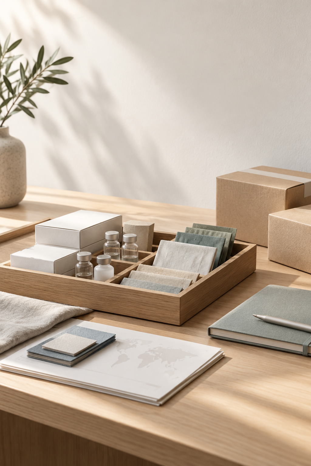 Interior workspace with a wooden desk holding fabric samples, small bottles, boxes, a notebook, and a map. There is a potted plant and boxes in the background.