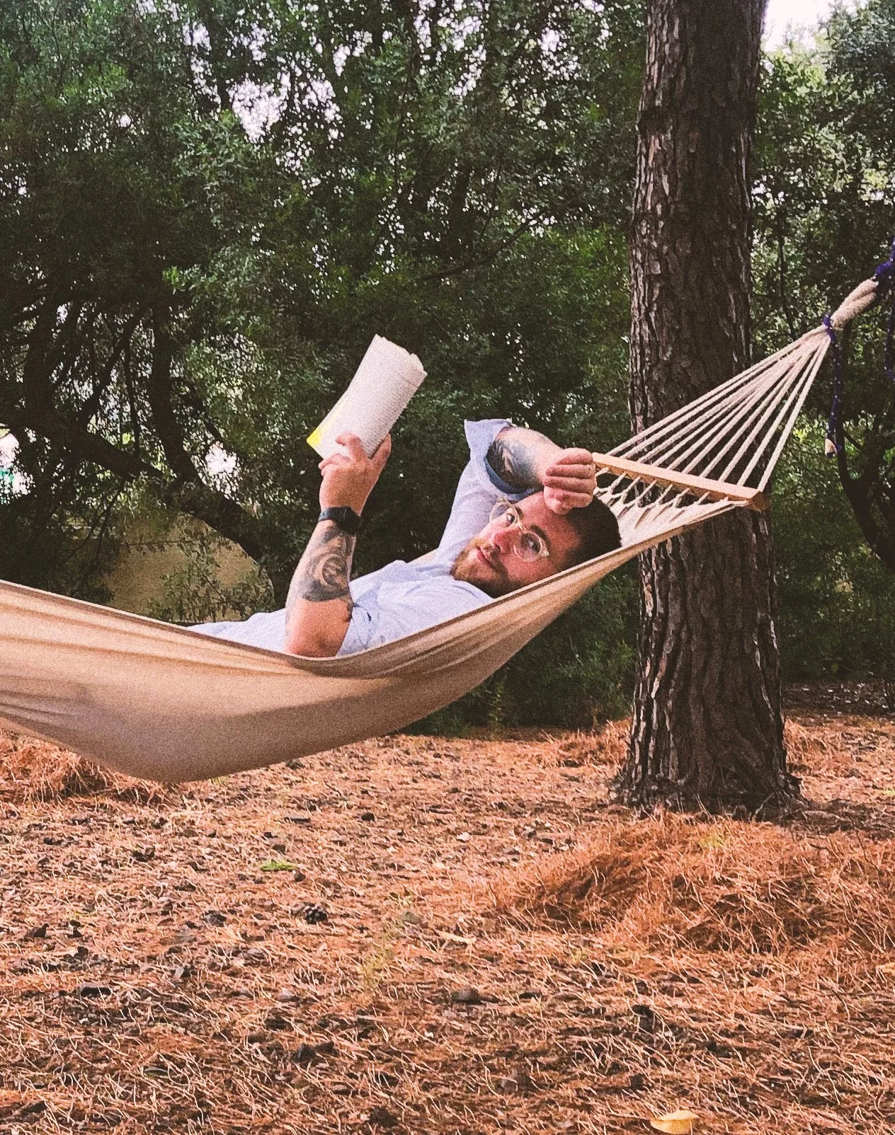 A man with tattoos and glasses lying in a hammock tied between two trees in a wooded area, reading a book.