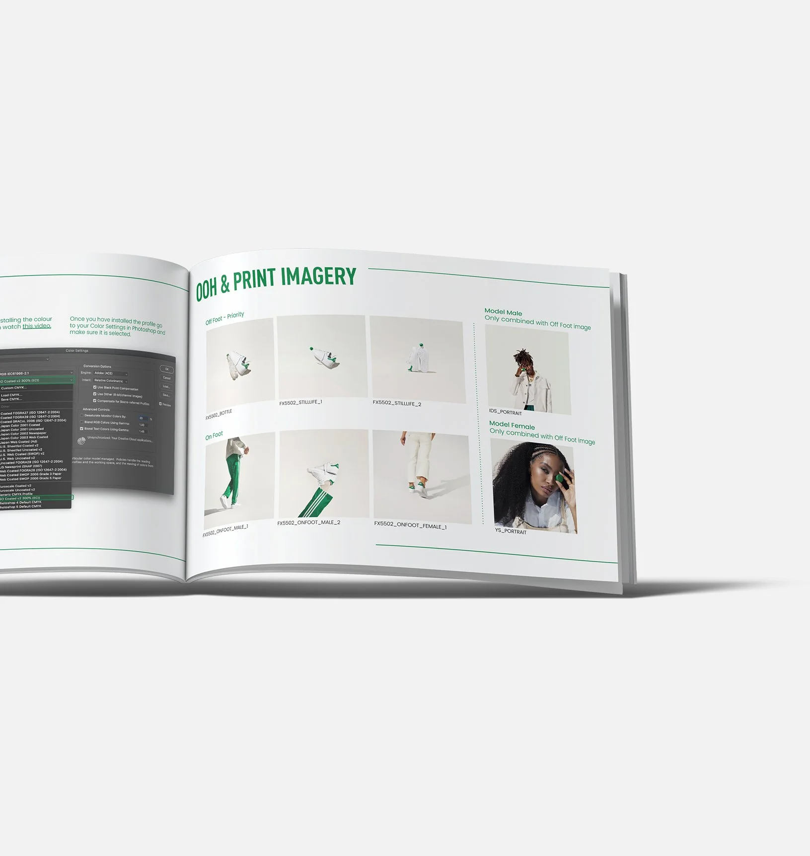 Open magazine page titled 'OOH & PRINT IMAGERY' displaying images and text related to model clothing, including images of male and female models in streetwear, with a dark background showing color settings and design options.