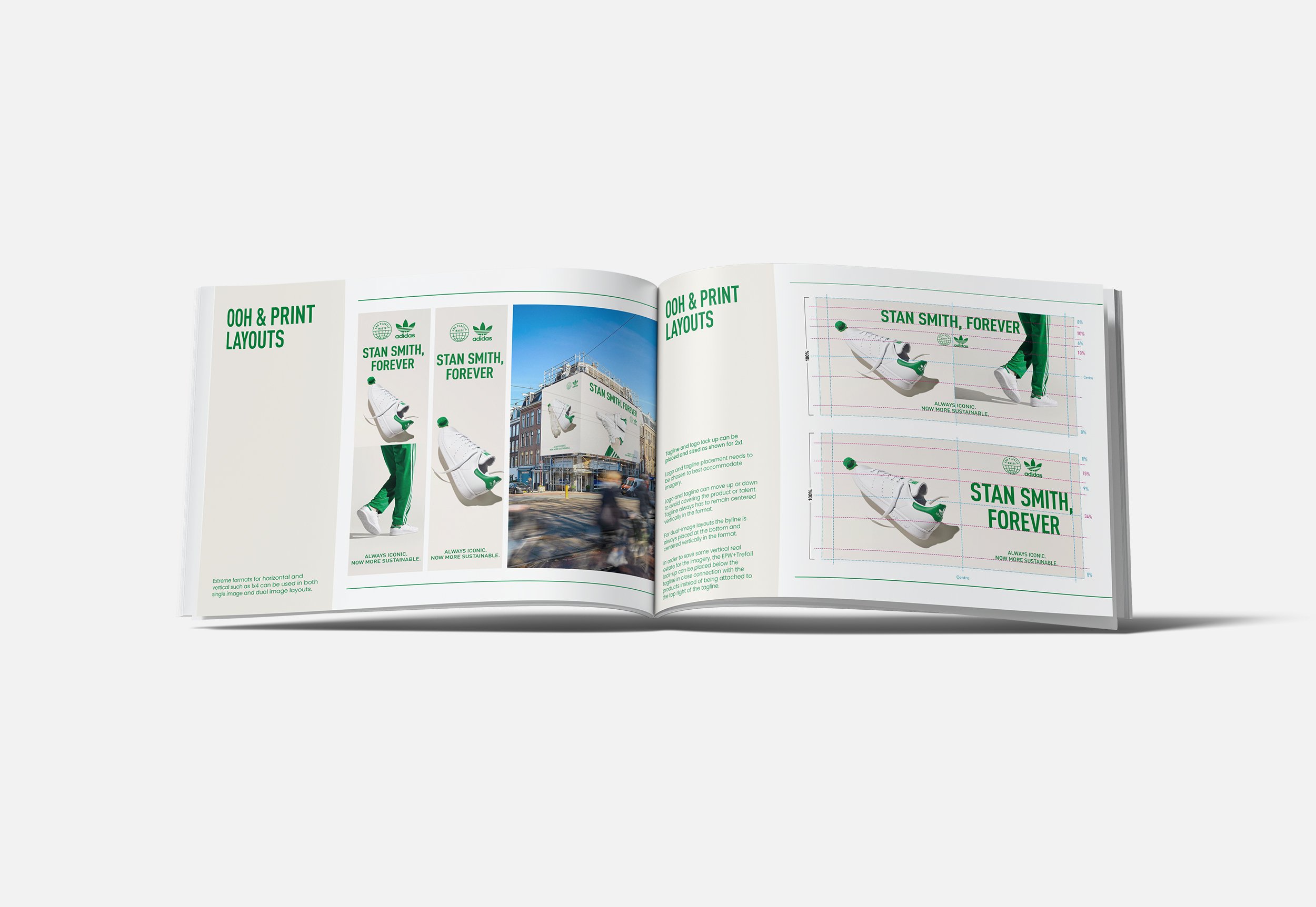 Open magazine showing design layouts for branding, including Adidas logo, slogans, and sneaker images, accompanied by a building with Adidas branding.