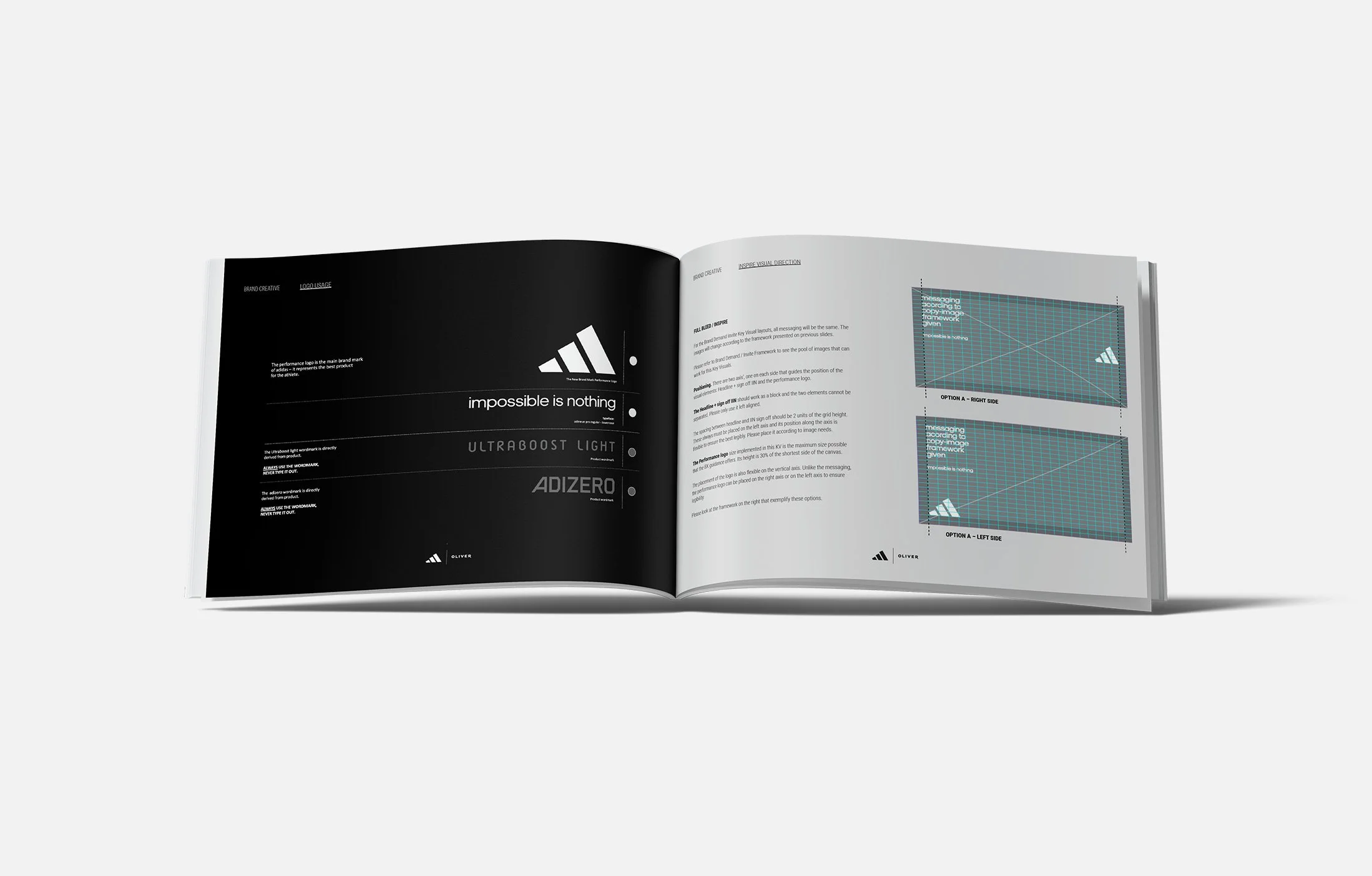 Open magazine displaying branding and design guidelines, with black and white pages, including logo usage, performance branding, and visual layout instructions.