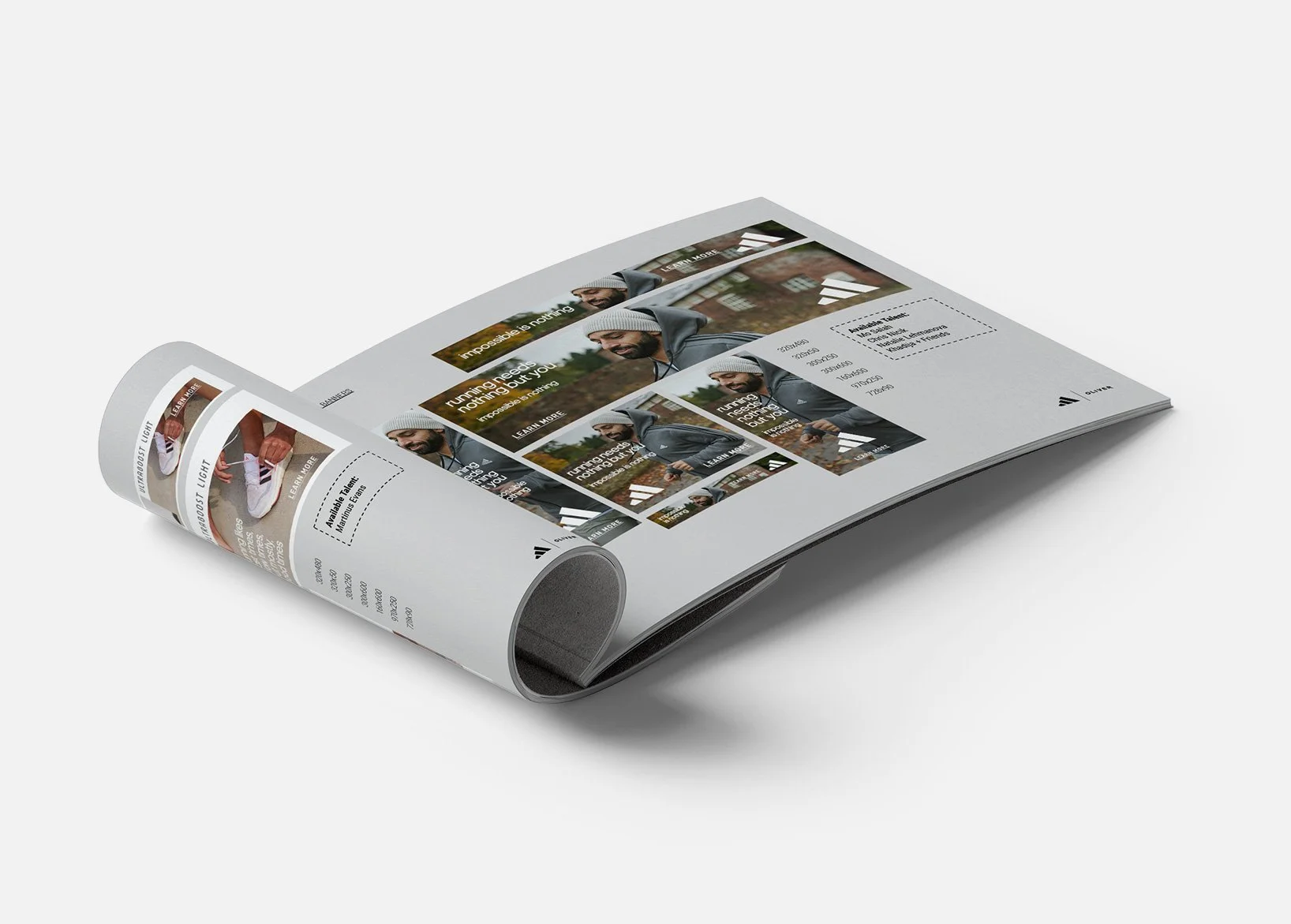 A rolled-up brochure or flyer features fitness-themed images, including a man in athletic wear on a track or outdoor setting, and a close-up of Nike athletic shoes, with promotional text and contact details.