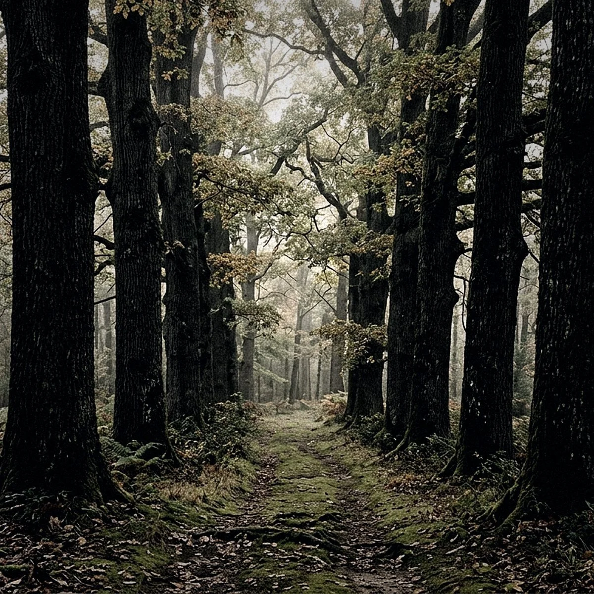 Misty forest trail winding through towering moss-covered trees