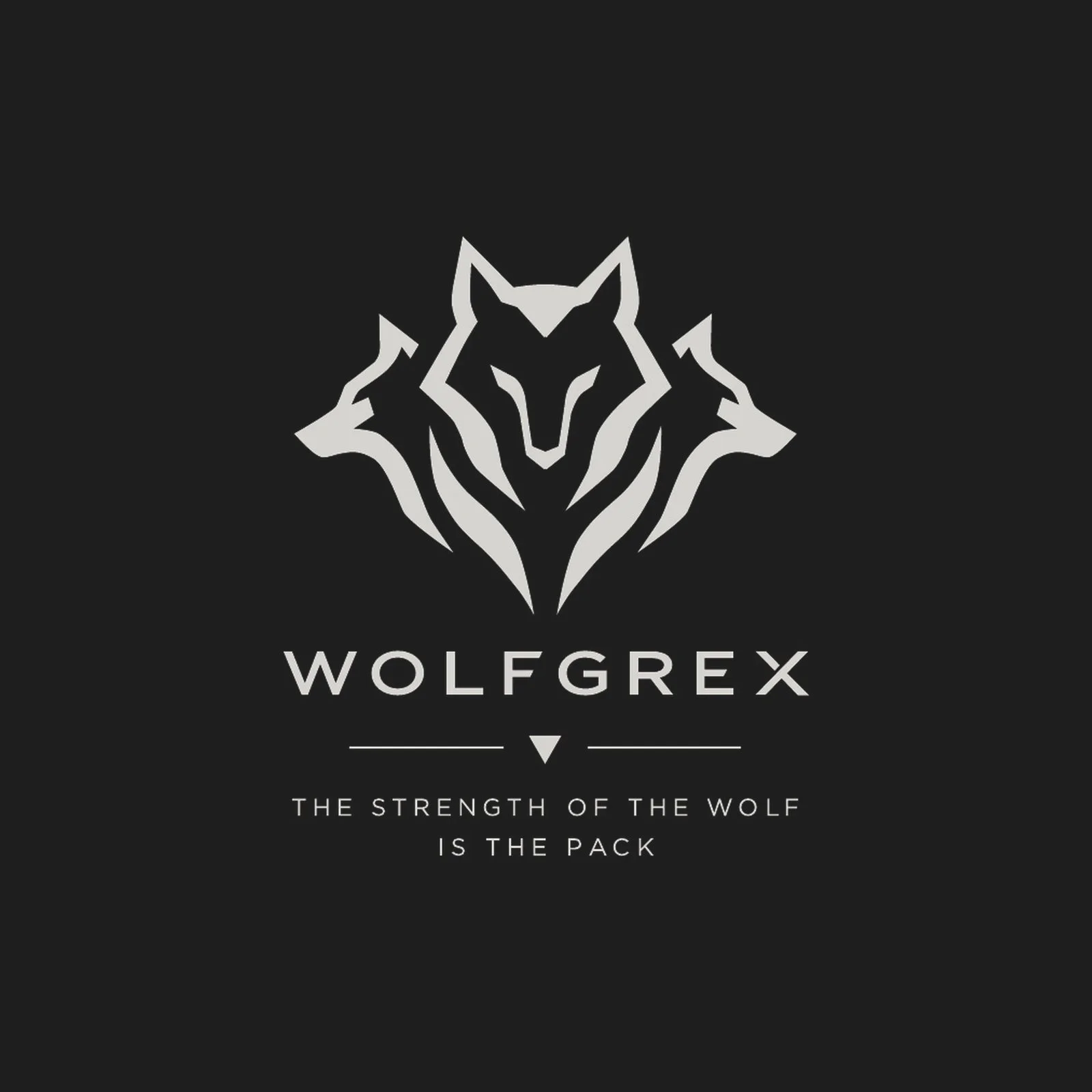 Wolfgrex logo featuring a stylized wolf head and the slogan “The strength of the wolf is the pack” on a dark background