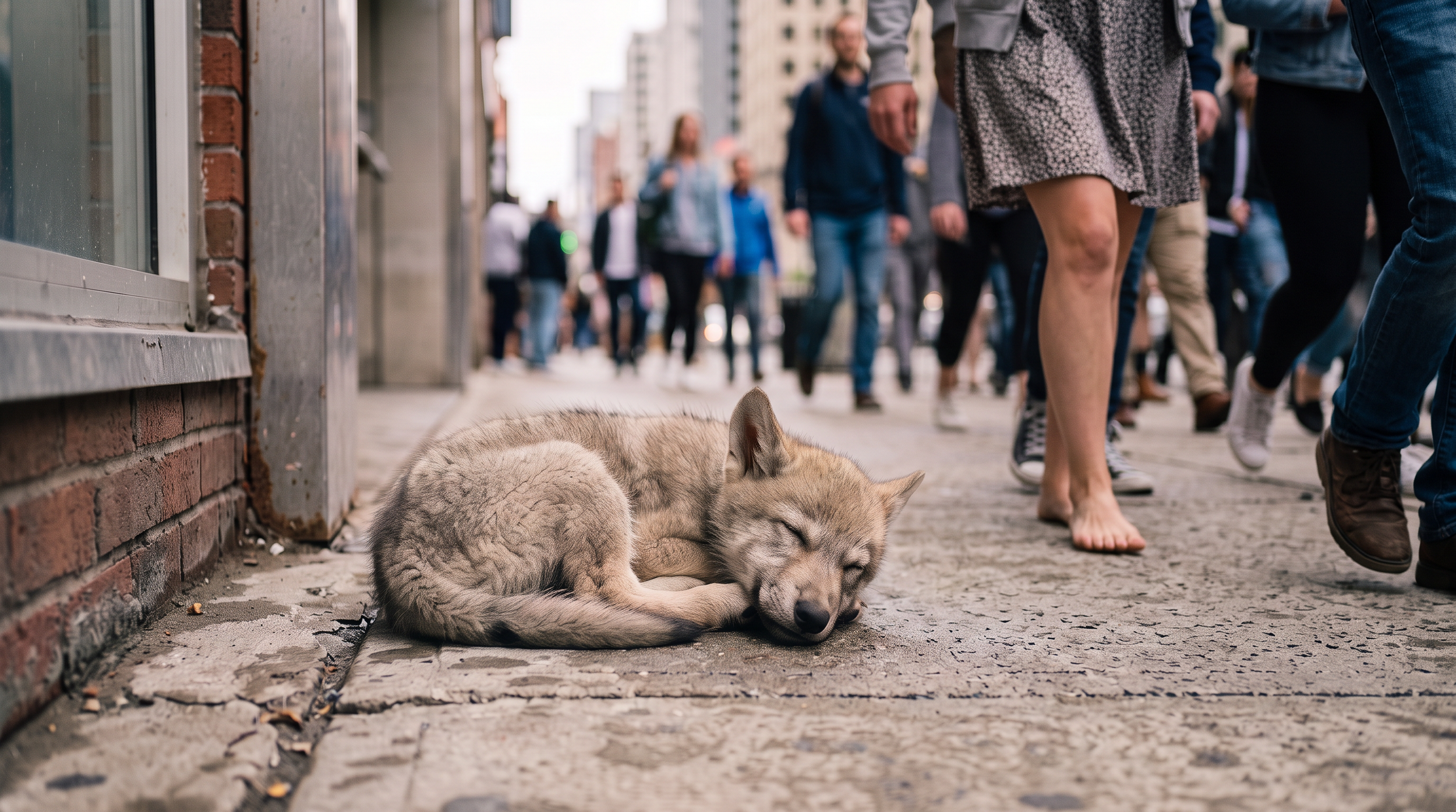 A sleeping wolf on a city sidewalk surrounded by pedestrians walking by.