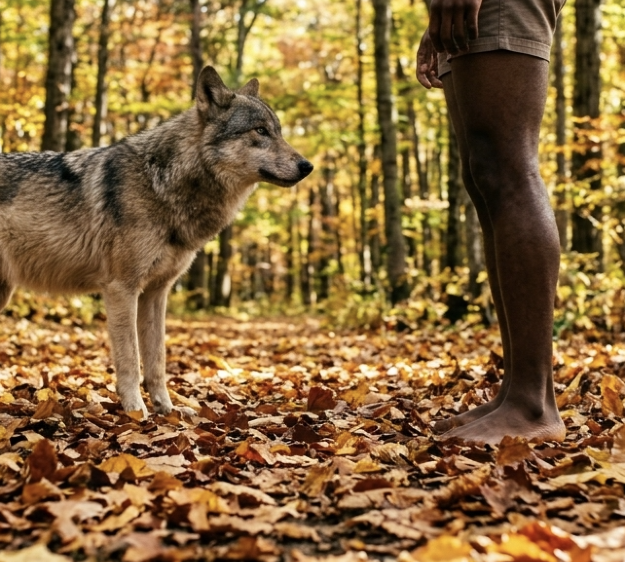 A wolf and a person standing in a forest with autumn leaves on the ground.