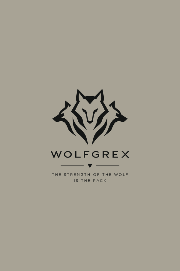 A stylized wolf head logo with the text 'WOLFGREX' and the slogan 'The strength of the wolf is the pack' underneath, on a beige background.