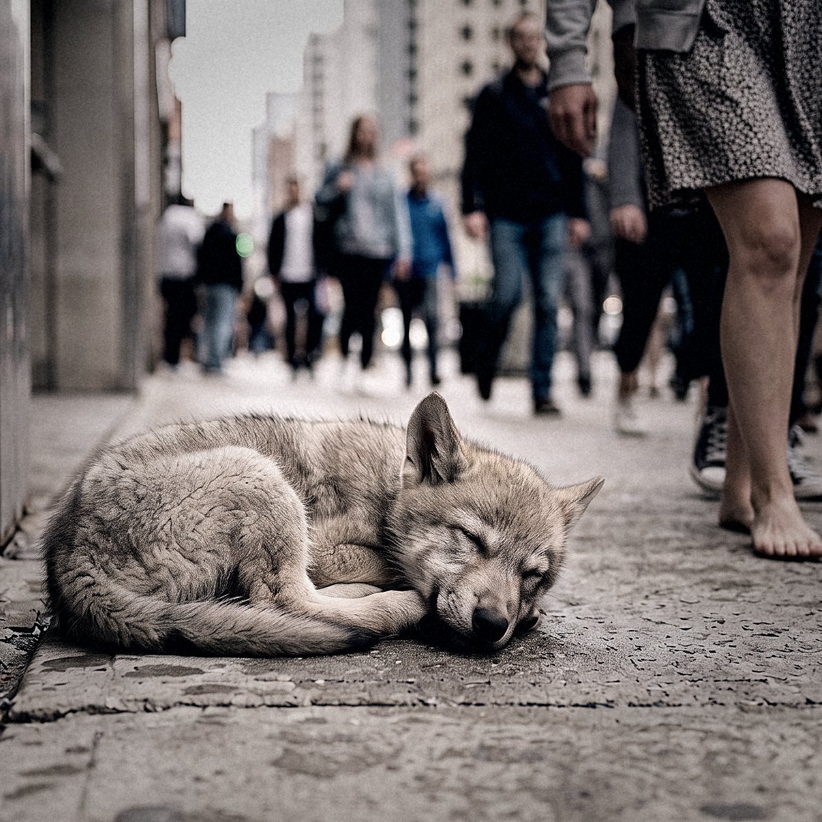 Sleeping wolf-like dog curled up on a city sidewalk as pedestrians walk by