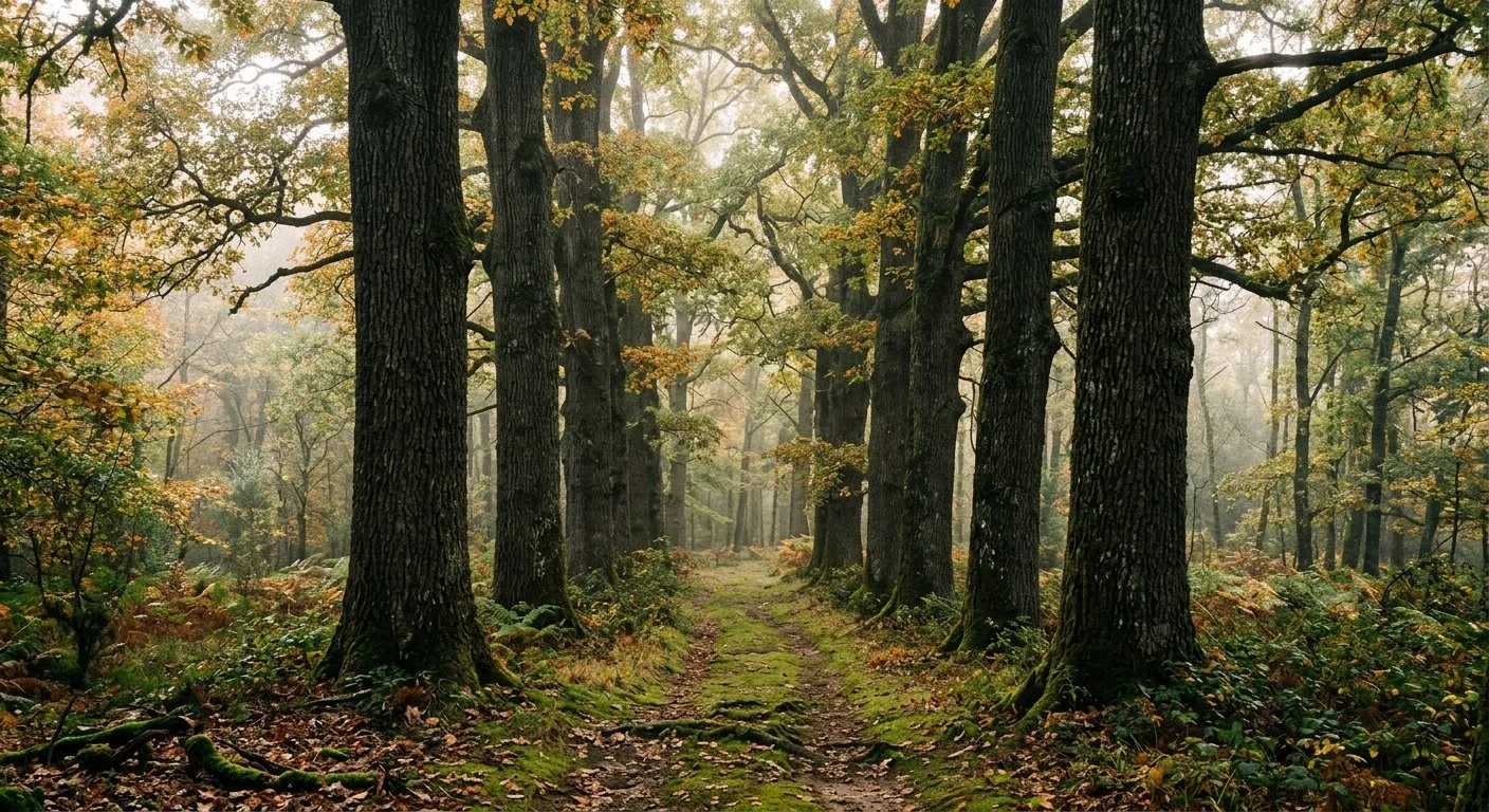 A forest trail lined with tall trees with moss on the ground and autumn-colored leaves.