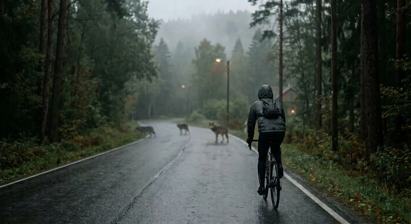 Person in a dark jacket riding a bicycle on a wet forest road during foggy weather, encountering three wolves on the road.