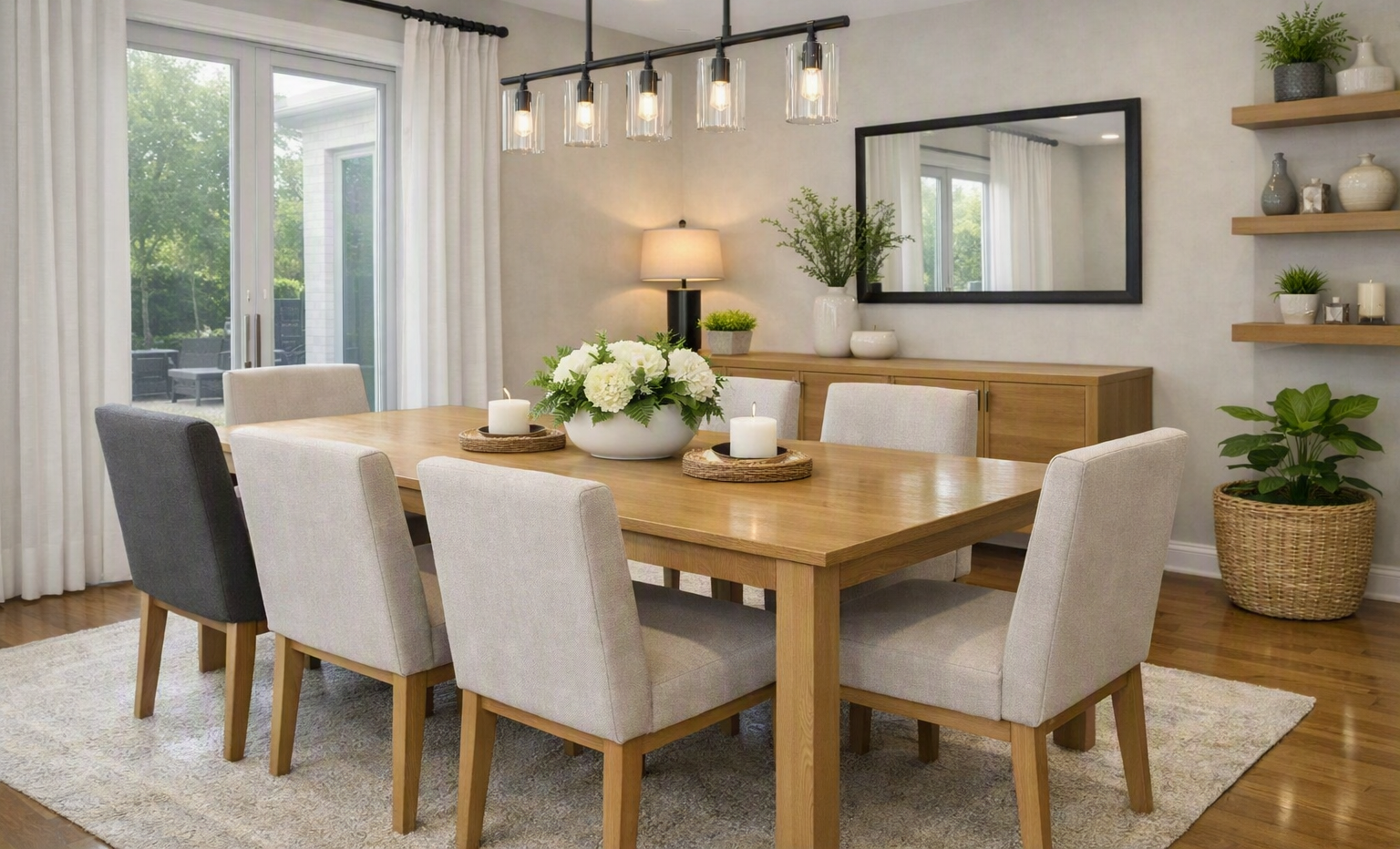 Contemporary dining room with a wooden table, upholstered chairs, decorative centerpiece, and organized shelves. In Lehi