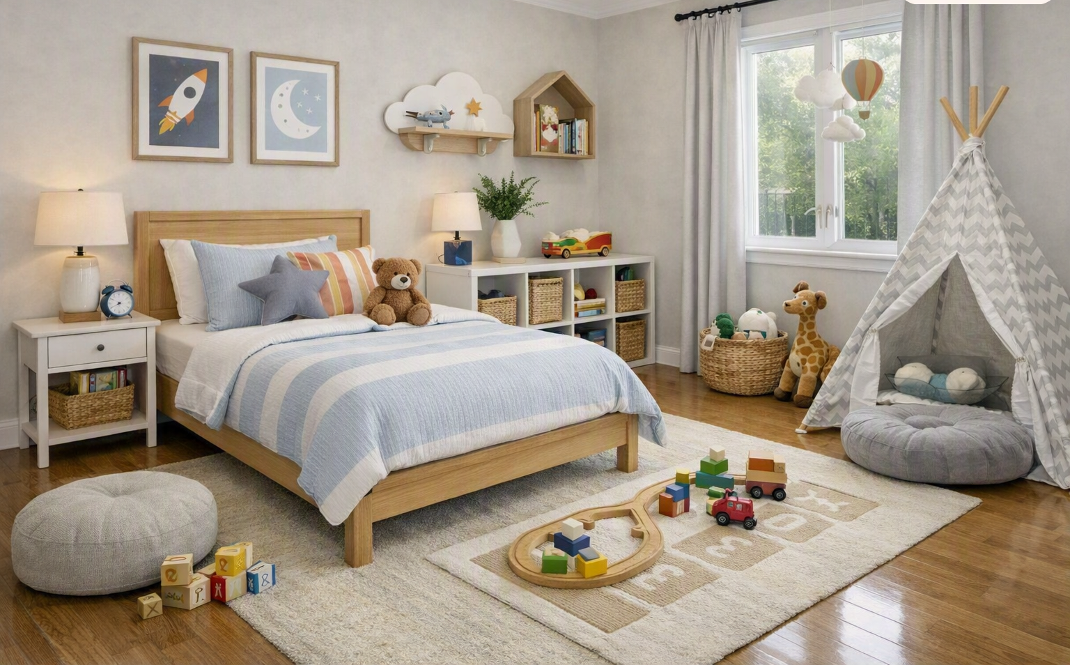 Cozy children’s bedroom with a neatly made bed, organized shelves, play tent, and tidy toys.