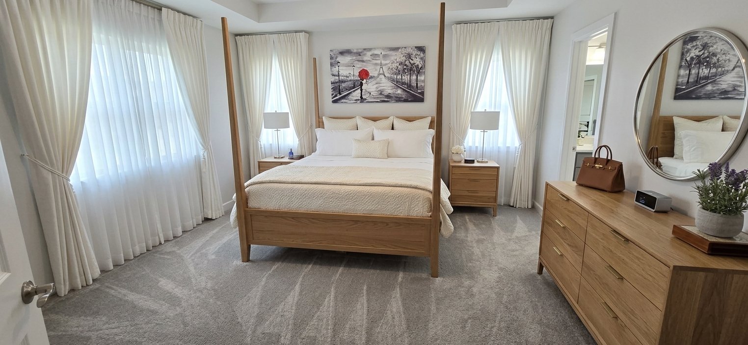 Bright modern bedroom with a four‑poster bed, organized nightstands, and a decorative wall painting.