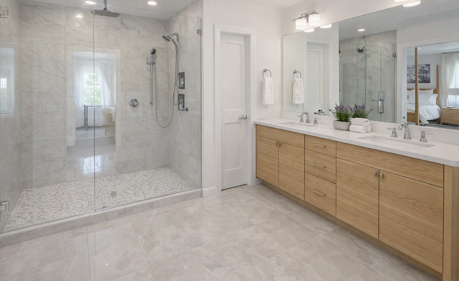 Contemporary bathroom with a clear glass shower, double‑sink vanity, and neatly arranged towels.