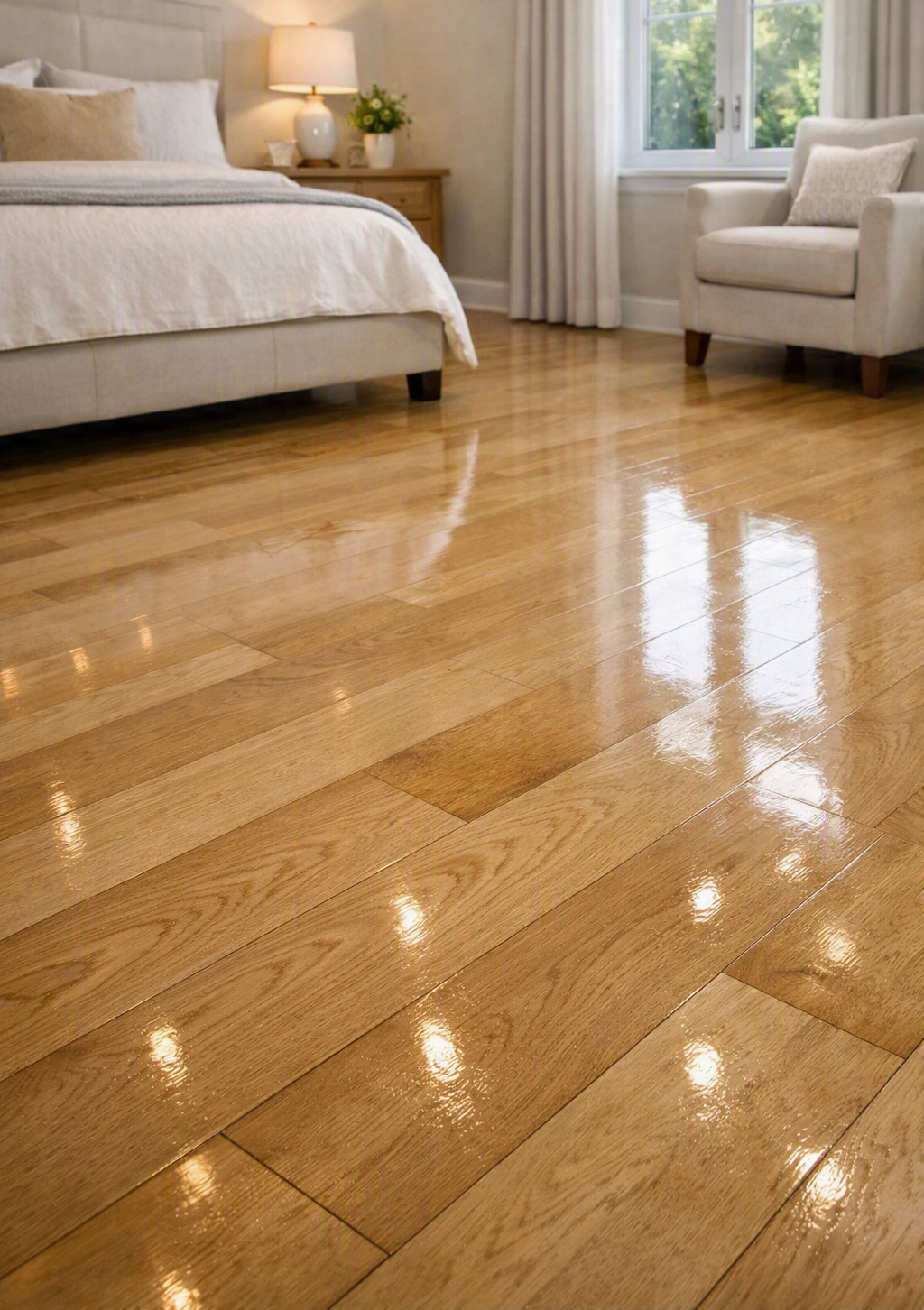 Polished hardwood bedroom floor with a smooth, clean finish and well‑maintained shine