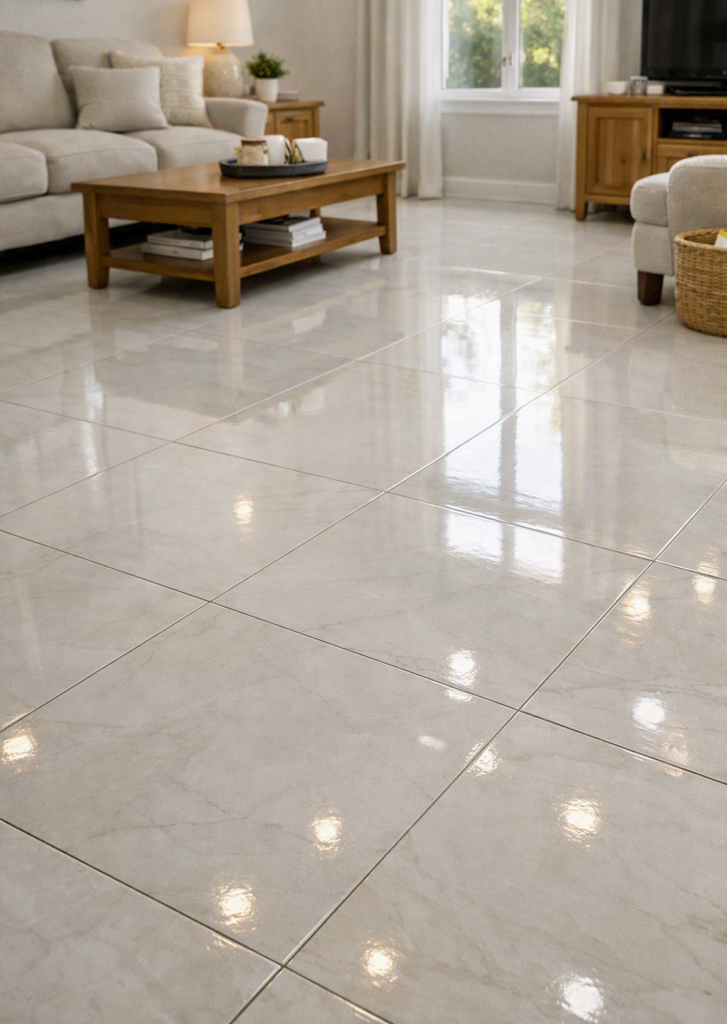 Bright ceramic tile floor with a glossy, well‑cared‑for surface in a tidy living room.