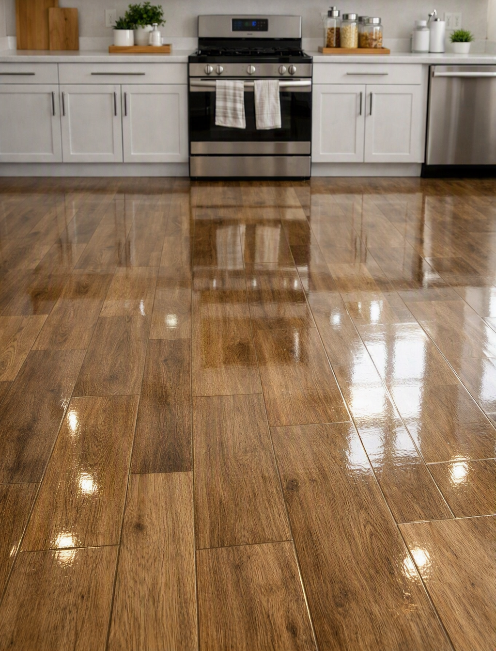 Shiny wooden kitchen floor with a polished, spotless finish and well‑maintained appearance.