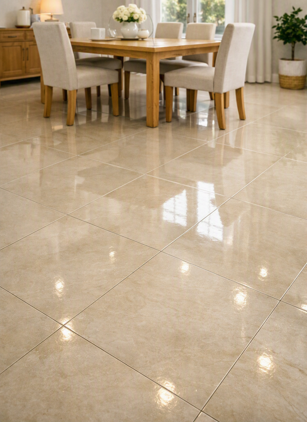 Glossy tile dining floor with a clean, reflective surface and a neat, organized space.