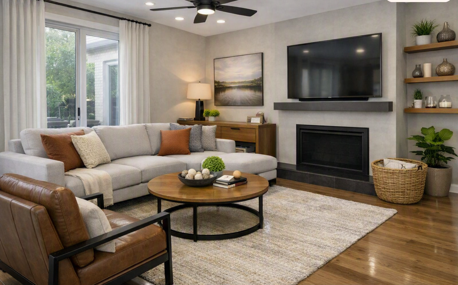 Living room with a polished, well‑maintained floor and a tidy, organized space.