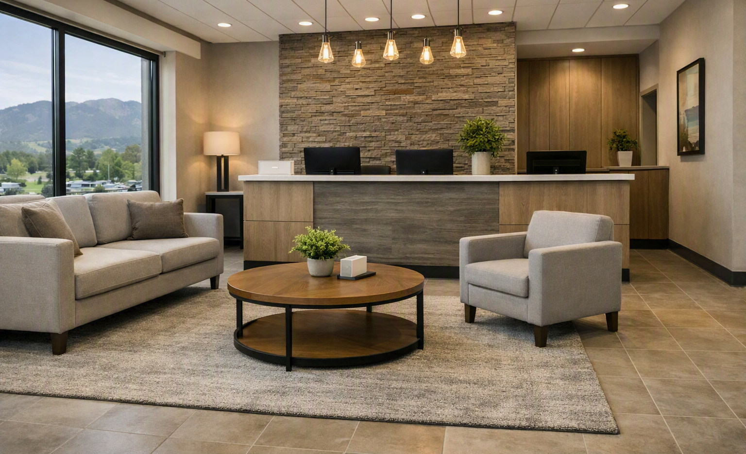  A small reception area with elegant seating, neutral colors, and a professional atmosphere. 